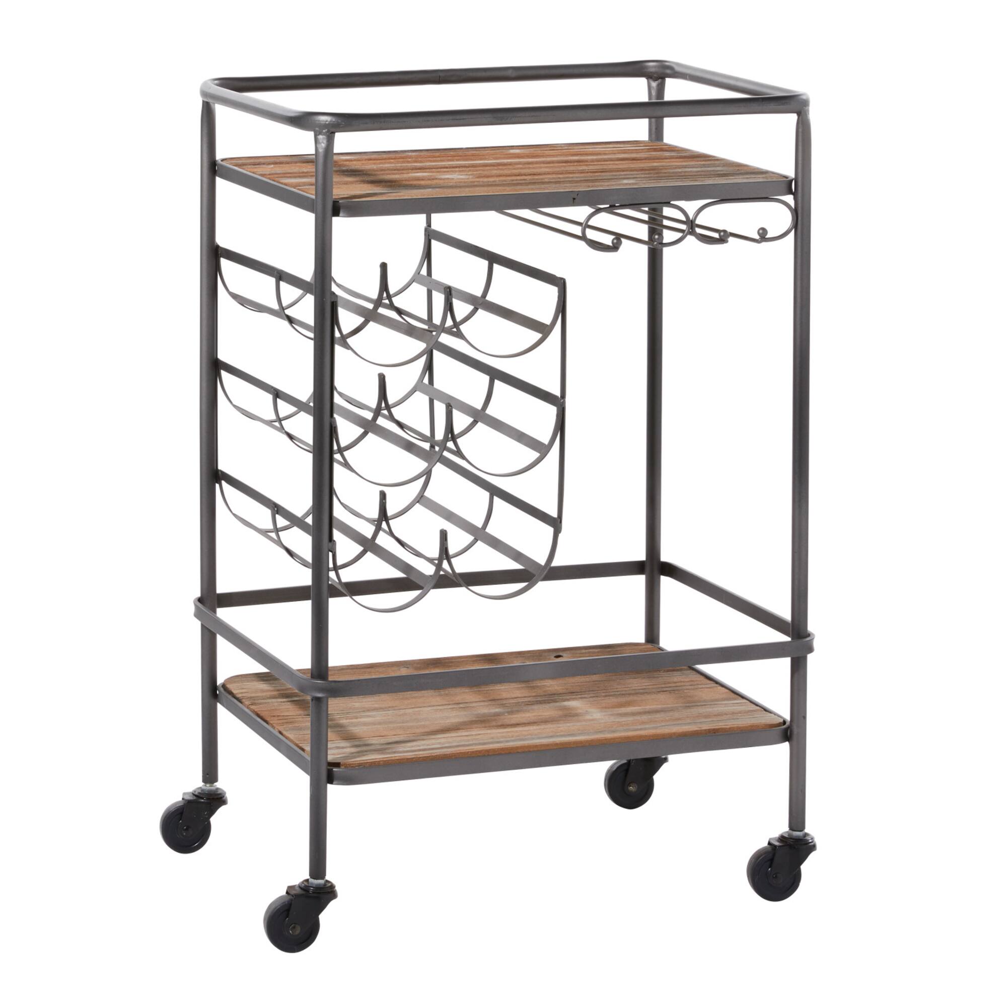 2-Tier Brown Chinese Fir and Metal Industrial Bar Cart